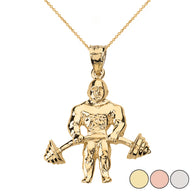 Solid Gold Weightlifting Fitness Sport Bodybuilder and Barbell Pendant Necklace(Available in Yellow/Rose/White Gold)