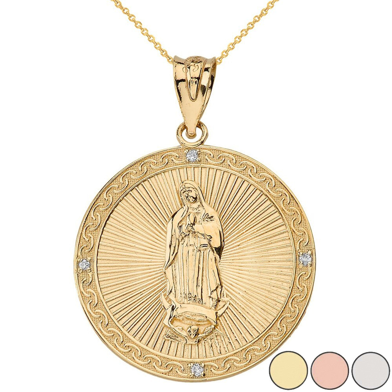 Our Lady of Guadalupe Engravable Circle Medallion Diamond Pendant Necklace (Large) in Solid Gold (Yellow/Rose/White)