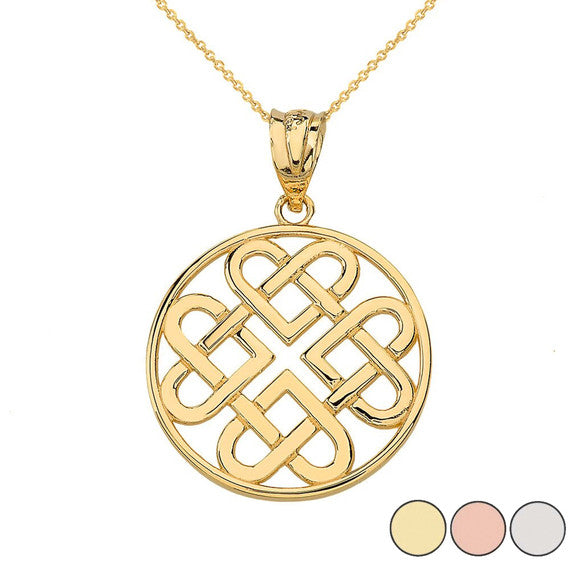 Woven Celtic Hearts Circle Pendant Necklace in Solid Gold (Yellow/Rose/White)