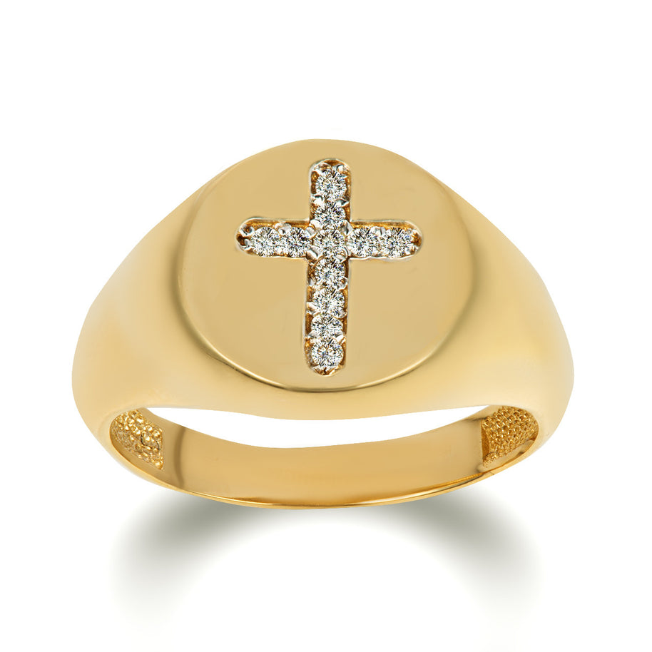 Yellow Gold Diamond Religious Cross Signet Ring