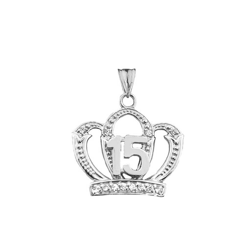 .925 Sterling Silver Cubic Zirconia Crown 15 Años Quinceañera Textured Pendant Necklace
