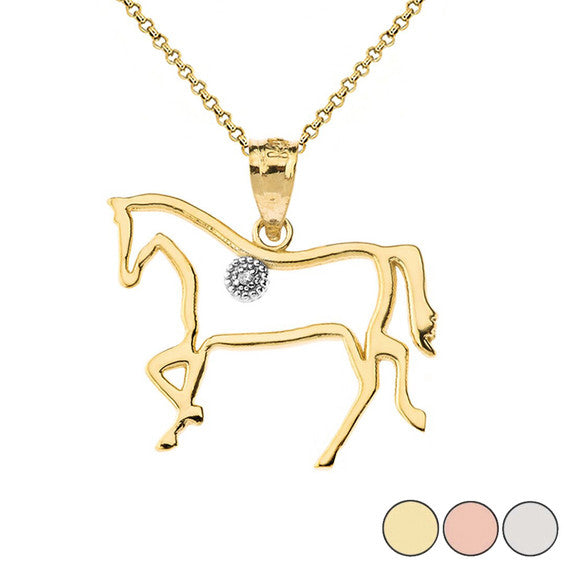 Gold Diamond Horse Outline Pendant Necklace (Available in Yellow/Rose/White Gold)