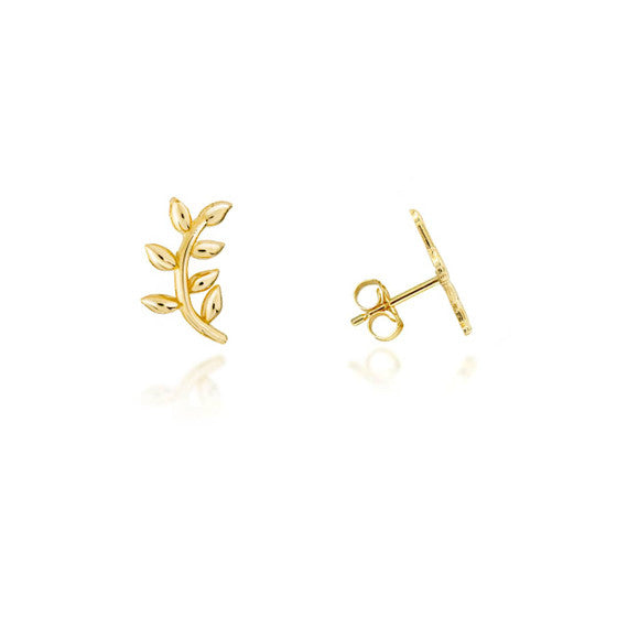 Yellow Gold Olive Leaf Branch Stud Earrings