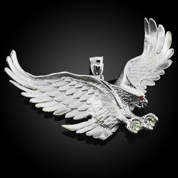 .925 Sterling Silver Cubic Zirconia Eagle Ruby Birthstone Pendant (2.5