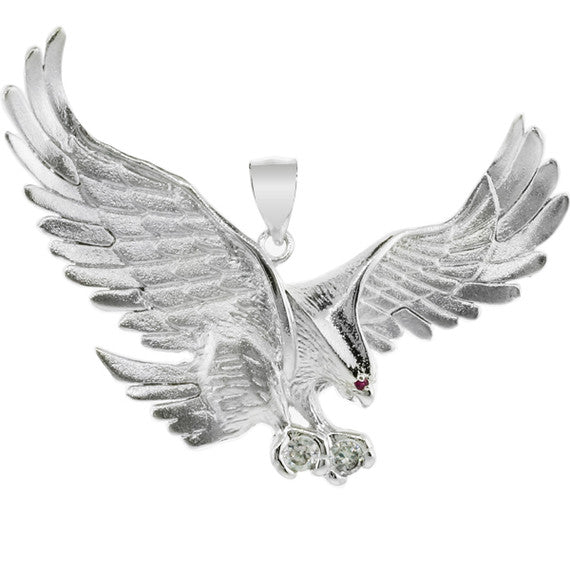 .925 Sterling Silver Cubic Zirconia Eagle Ruby Birthstone Pendant (2.5")