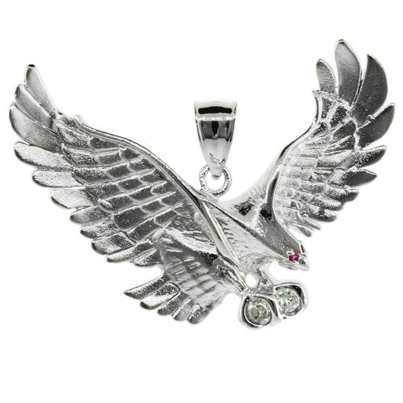 .925 Sterling Silver Cubic Zirconia Eagle Ruby Birthstone Pendant (2")