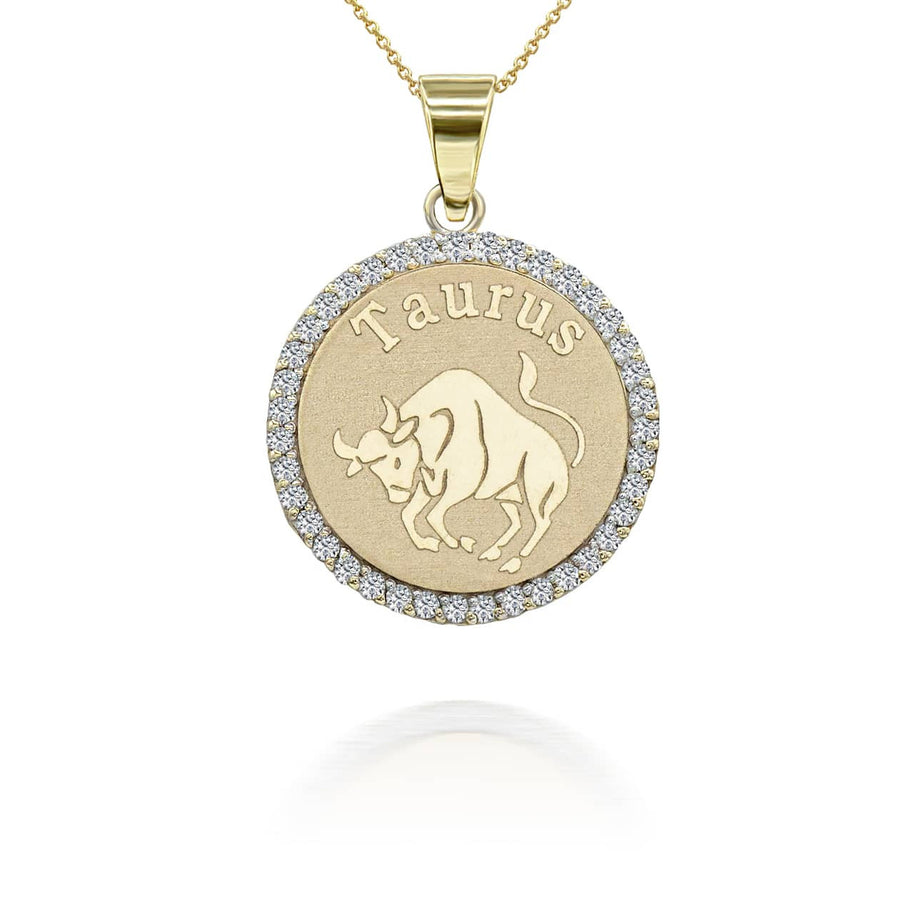 Gold Personalized Zodiac Sign Diamond Medallion Pendant Necklace (Available in Yellow/Rose/White Gold)