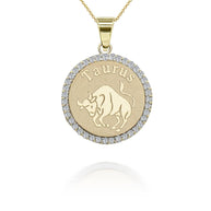 Gold Personalized Zodiac Sign Diamond Medallion Pendant Necklace (Available in Yellow/Rose/White Gold)
