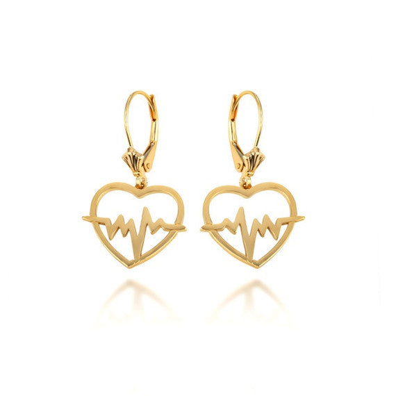 14K Yellow Gold Heartbeat EKG Pulse Leverback Earrings