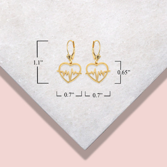 14K Yellow Gold Heartbeat EKG Pulse Leverback Earrings
