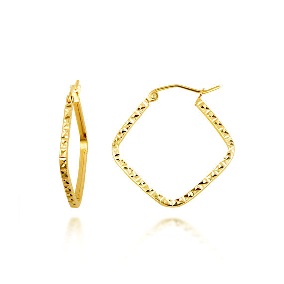 14K Yellow Gold Diamond Cut Square Hoop Textured Earrings