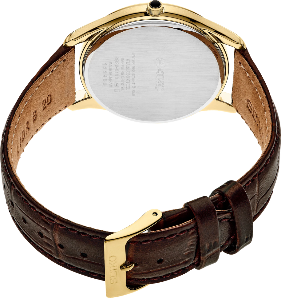 SRK050 Seiko Essentials Quartz White Dial Brown Leather Gold Men's Watch