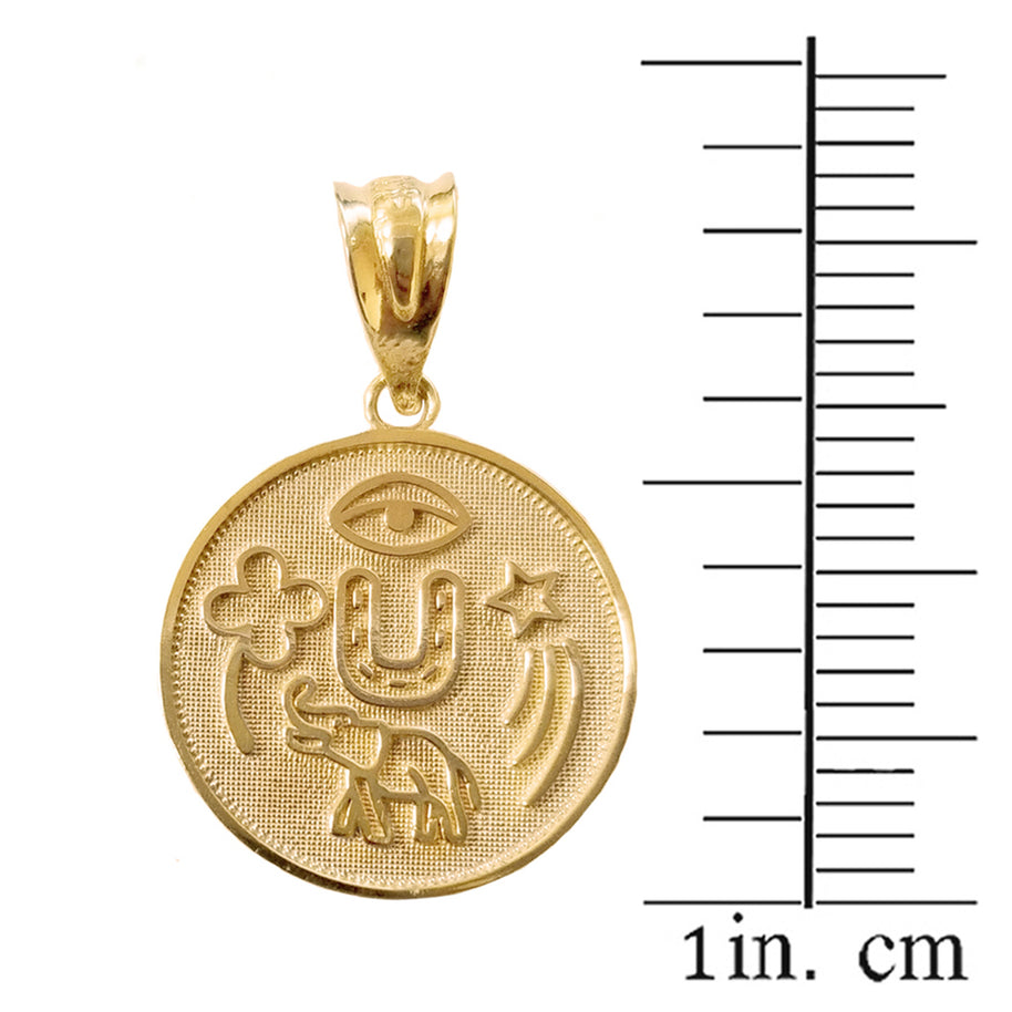 Solid Gold Lucky Charms Amulet Good Luck Disc Medallion Pendant Necklace (Available in Yellow/Rose/White Gold)