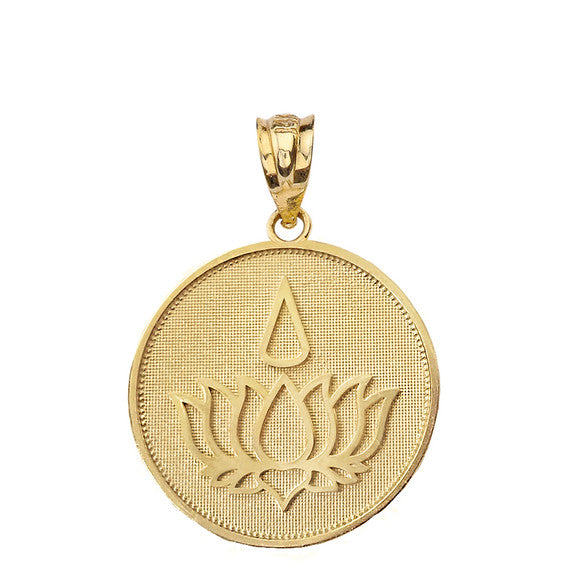 Gold Beaded Lotus Flower Blossom Teardrop Medallion Pendant Necklace (Available in Yellow/Rose/White Gold)