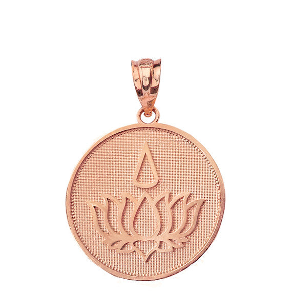 Gold Beaded Lotus Flower Blossom Teardrop Medallion Pendant Necklace (Available in Yellow/Rose/White Gold)
