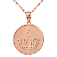 Gold Beaded Lotus Flower Blossom Teardrop Medallion Pendant Necklace (Available in Yellow/Rose/White Gold)