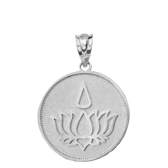 Gold Beaded Lotus Flower Blossom Teardrop Medallion Pendant Necklace (Available in Yellow/Rose/White Gold)