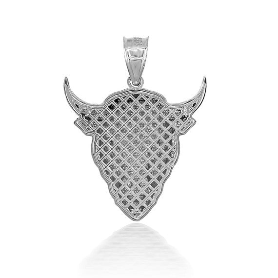 .925 Sterling Silver 3D Bull Head Caged Back Pendant Necklace