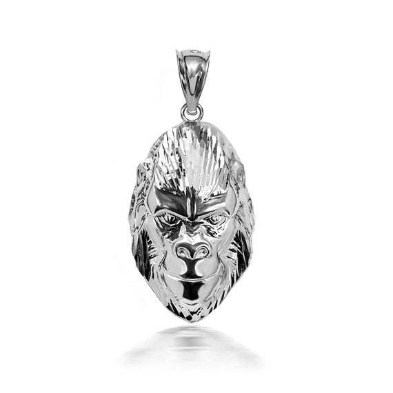 925 Sterling Silver 3D Gorilla Face Pendant Necklace with Caged Back