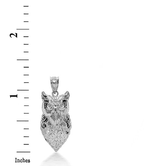 .925 Sterling Silver 3D Diamond Cut Owl Caged Back Pendant Necklace