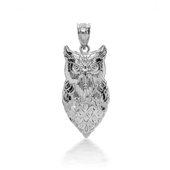 .925 Sterling Silver 3D Diamond Cut Owl Caged Back Pendant Necklace