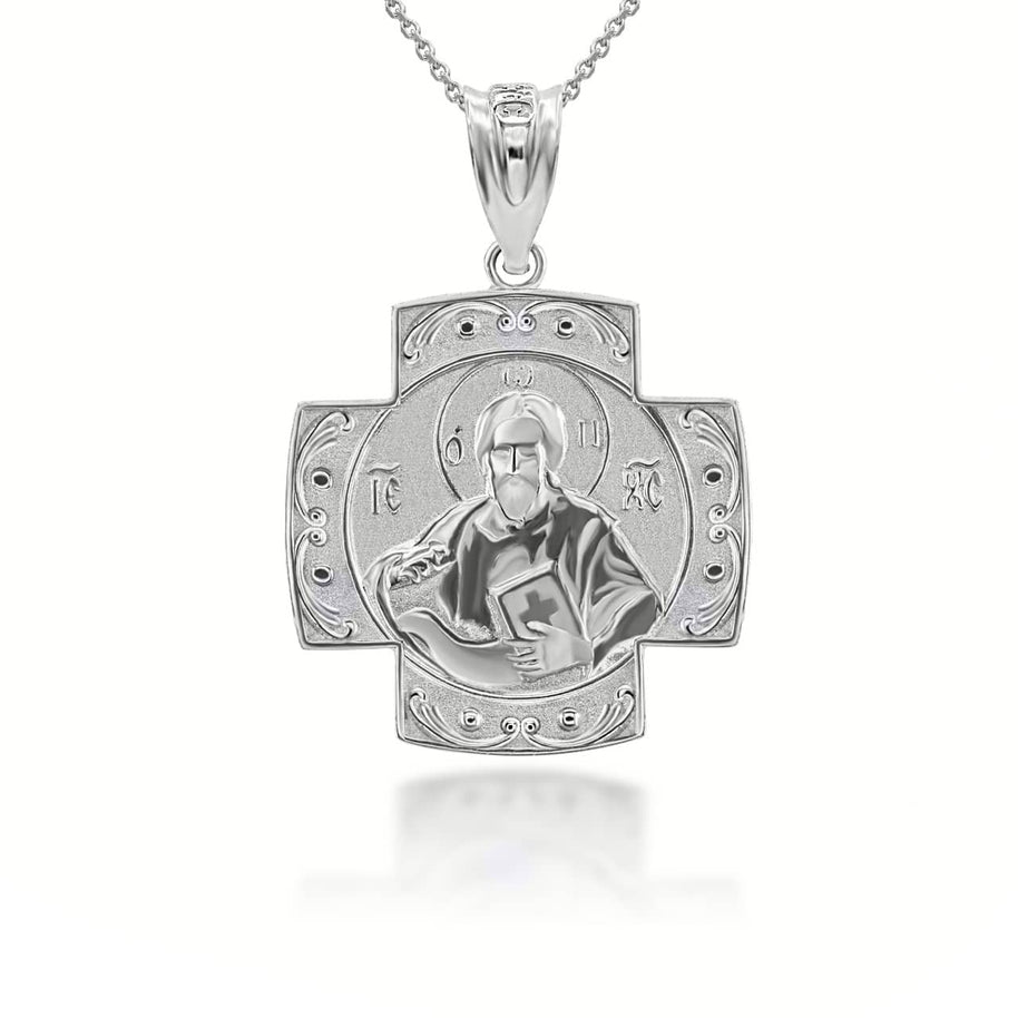 Silver Jesus And Mary Two Sided Russian Orthodox Cross Charm Necklace