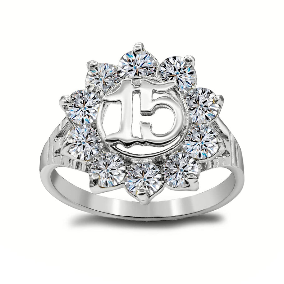 .925 Sterling Silver Cubic Zirconia Flower 15 Años Quinceañera Ring (0.6")