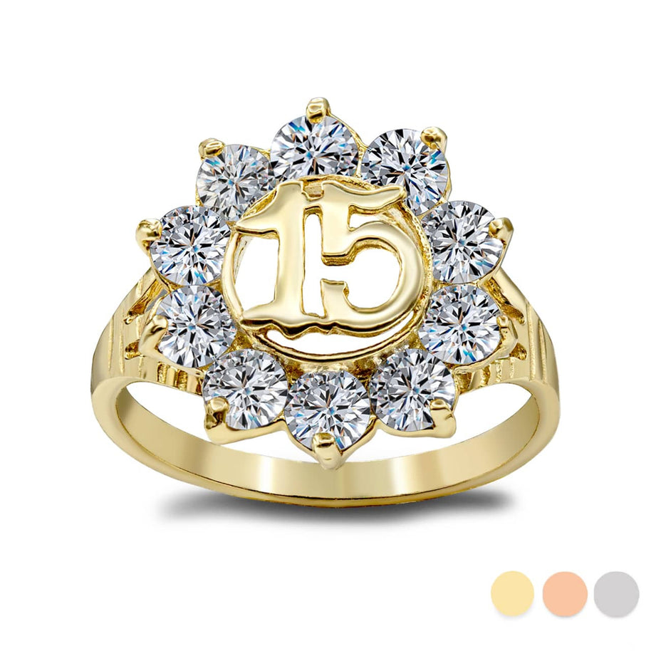 Gold Cubic Zirconia Flower 15 Años Quinceañera Ring (0.6") (Available in Yellow/Rose/White Gold)