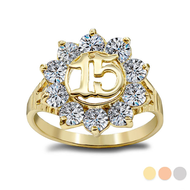 Gold Cubic Zirconia Flower 15 Años Quinceañera Ring (0.6") (Available in Yellow/Rose/White Gold)