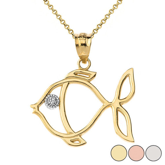 Tropical Reef Fish Outline Solitaire Pendant Necklace in Gold (Yellow/Rose/White)