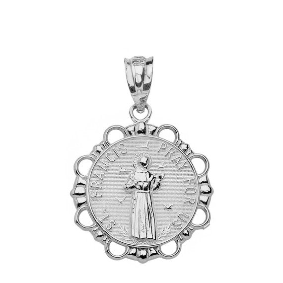 Sterling Silver Round Saint Francis Pendant Necklace