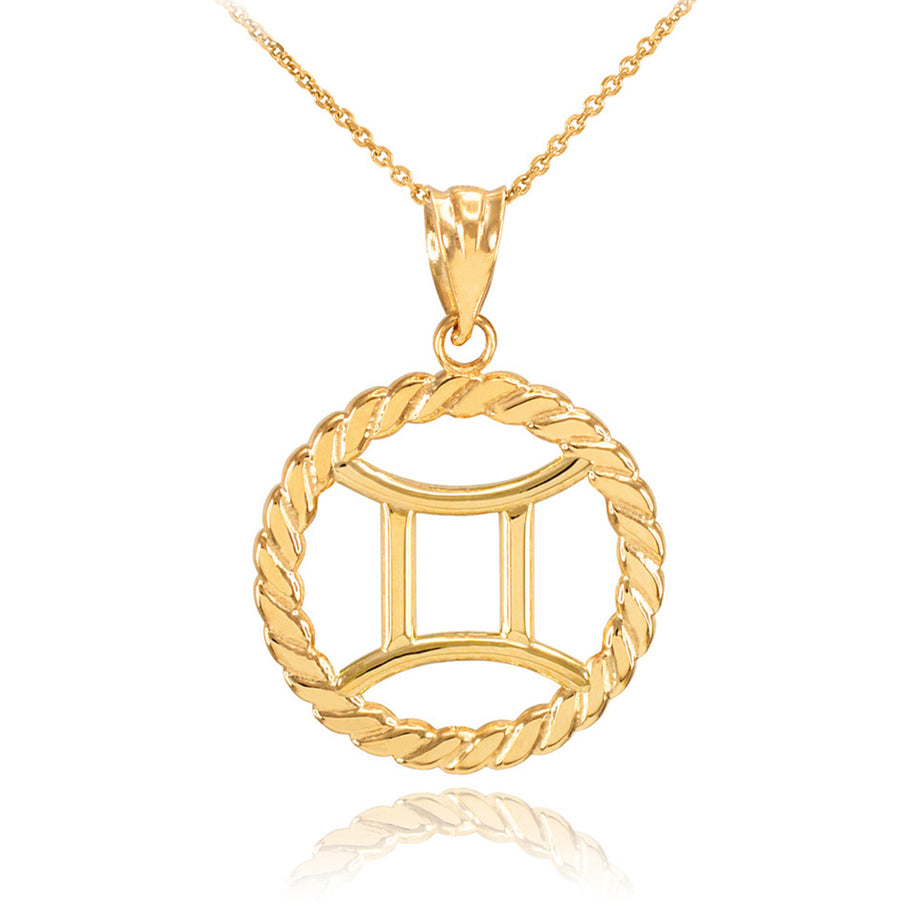 12 Gold Astrological Zodiac Sign in Circle Rope Pendant Necklace (Available in Yellow/Rose/White Gold)