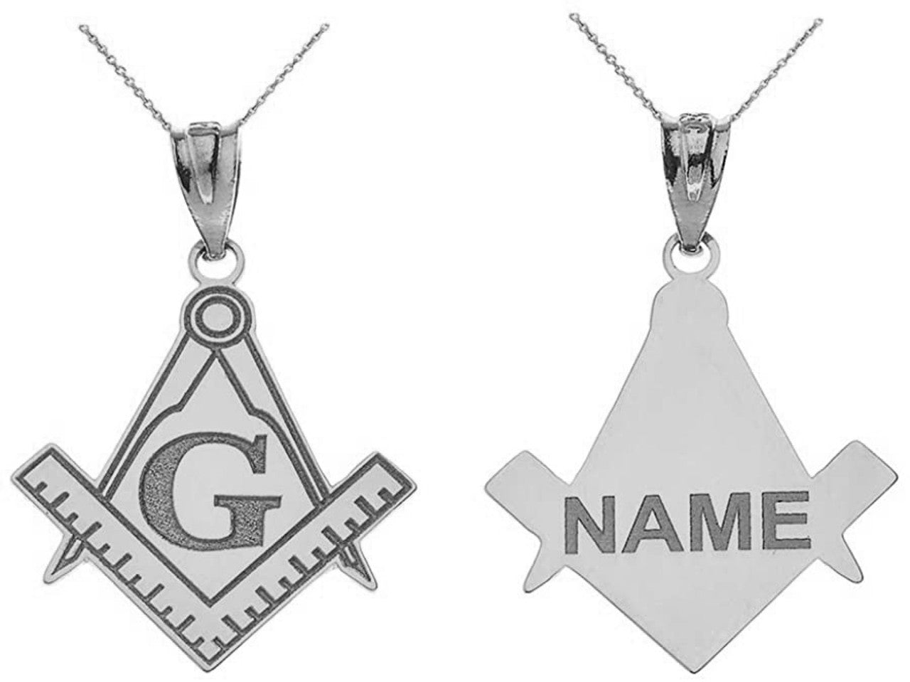 .925 Sterling Silver Engravable Freemason Square & Compass Personalized Pendant Necklace Custom Engraved with Any Name