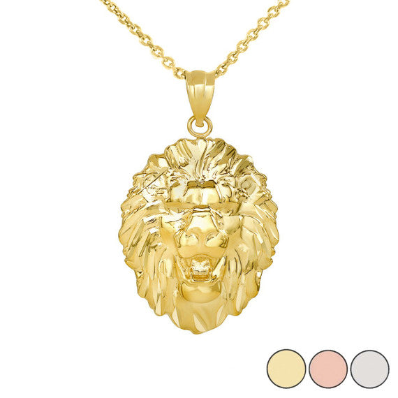 Solid Gold Roaring Lion King Head Pendant Necklace(Available in Yellow/Rose/White Gold)