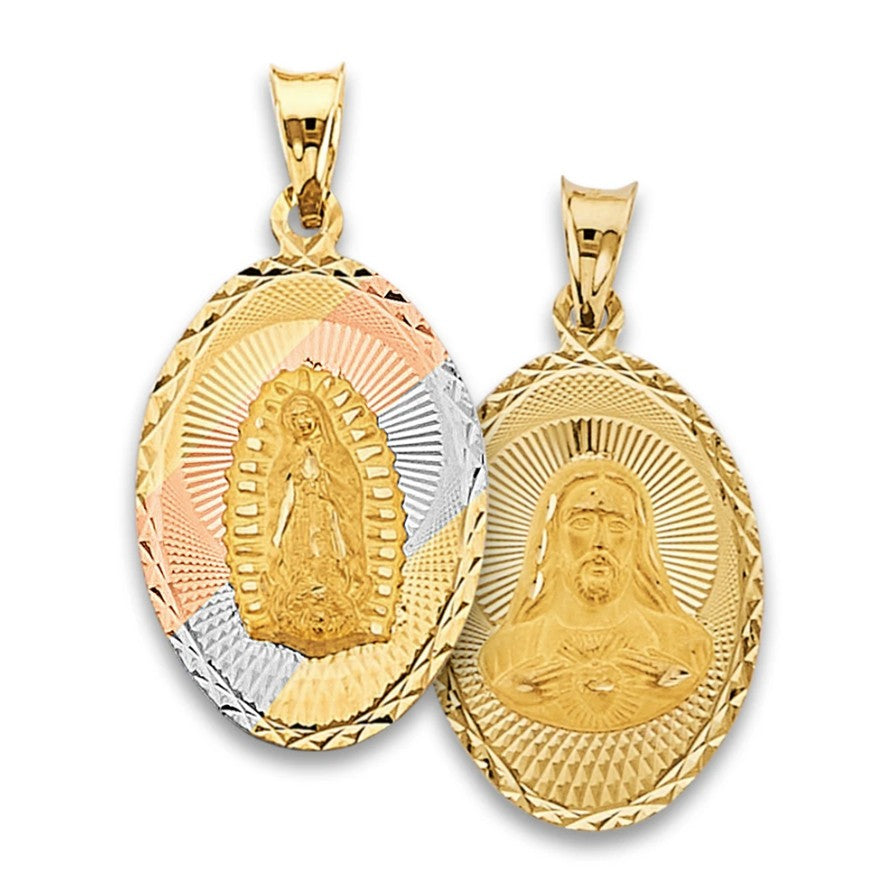 14K Gold Tri Color Virigin Mary Double Side Oval Charm