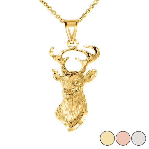 Gold Diamond Cut Deer Head Buck Antlers Pendant Necklace (Available in Yellow/Rose/White Gold)