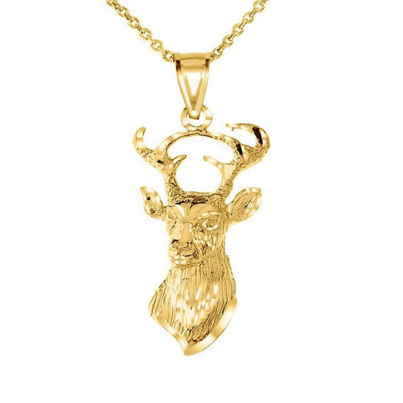 Gold Diamond Cut Deer Head Buck Antlers Pendant Necklace (Available in Yellow/Rose/White Gold)