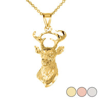 Gold Diamond Cut Deer Head Buck Antlers Pendant Necklace (Available in Yellow/Rose/White Gold)