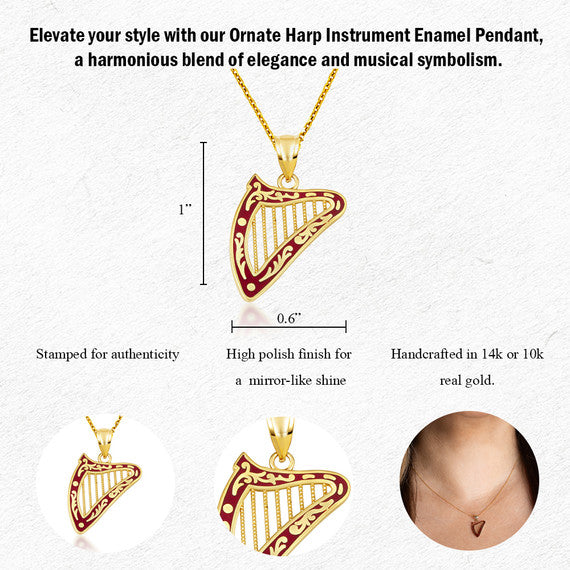 Gold Enamel Harp Music Pendant Necklace (Available in Yellow/Rose/White Gold)