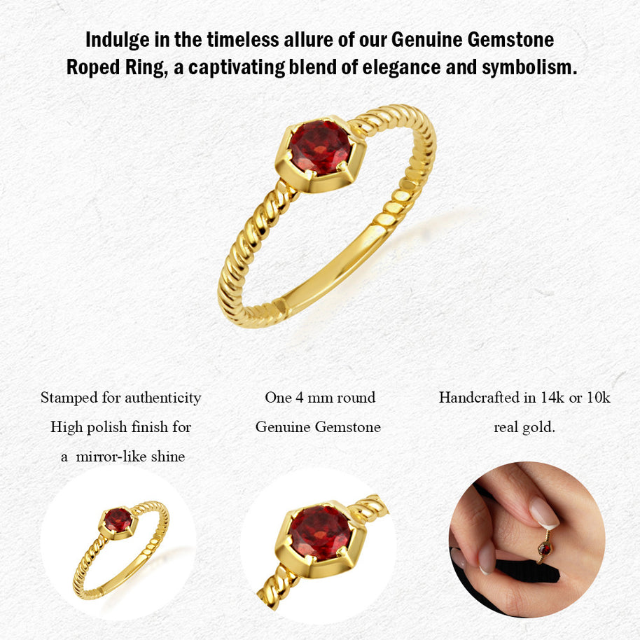 Gold Personalized Genuine Gemstone Rope Ring (Available in Yellow/Rose/White Gold)