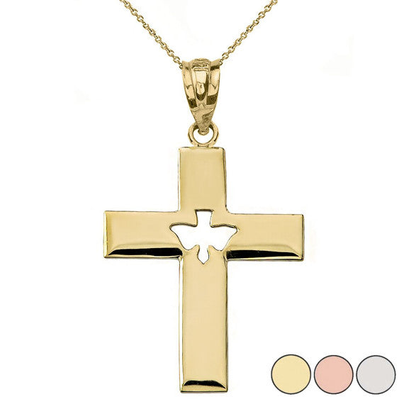 Solid Gold Cross with Dove Holy Spirit Cut Out Pendant Necklace(Available in Yellow/Rose/White Gold)