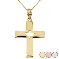 Solid Gold Cross with Dove Holy Spirit Cut Out Pendant Necklace(Available in Yellow/Rose/White Gold)