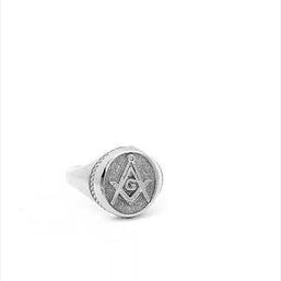 .925 Sterling Silver Freemason Square & Compass Rope Round Signet Ring