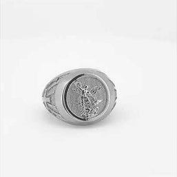 .925 Sterling Silver Religious Saint Michael Archangel Cross Beaded Signet Ring