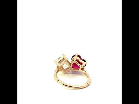 Gold Toi Et Moi Heart & Emerald Cut Gemstone Roped Twist Diamond Ring (Available in Yellow/Rose/White Gold)