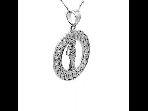 .925 Sterling Silver Santa Muerte Grim Reaper Cuban Link Round Pendant Necklace