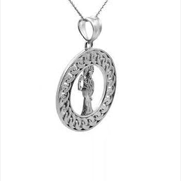 .925 Sterling Silver Santa Muerte Grim Reaper Cuban Link Round Pendant Necklace