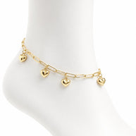 10K Yellow Gold Dangle Hearts Paperclip Anklet