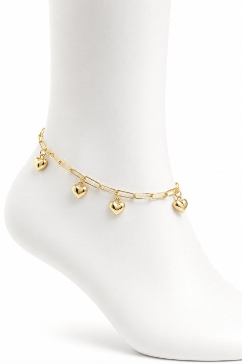 10K Yellow Gold Dangle Hearts Paperclip Anklet