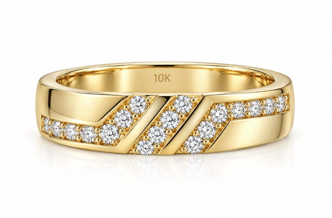 10K Yellow Gold Men's CZ Diagonal Accent Band